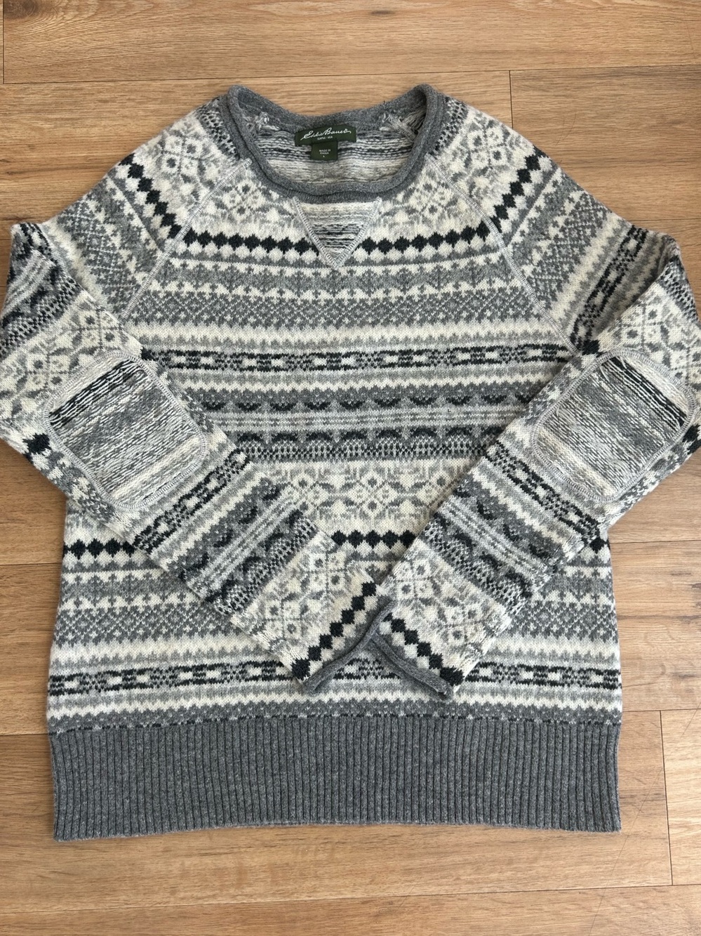Eddie Bauer 100% Lambswool Fair Isle Pullover Sweater Gray White Women’s Large